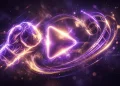 Conceptual digital art showing a glowing play button surrounded by sports and film symbols.