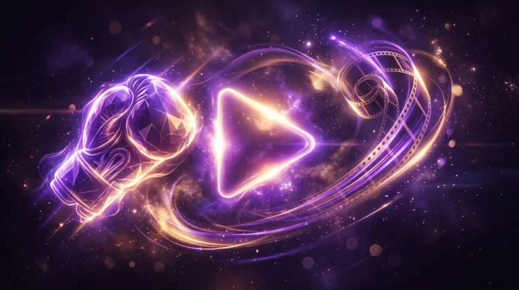 Conceptual digital art showing a glowing play button surrounded by sports and film symbols.