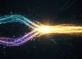 Abstract visualization of two digital streams merging into one.