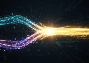Abstract visualization of two digital streams merging into one.