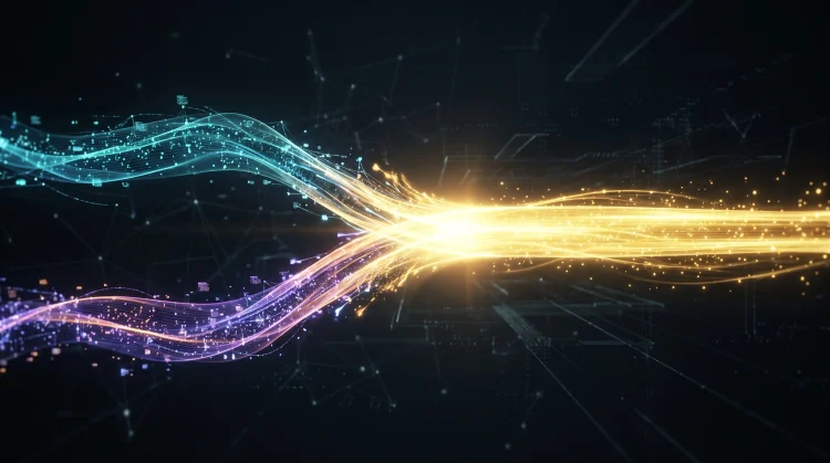 Abstract visualization of two digital streams merging into one.