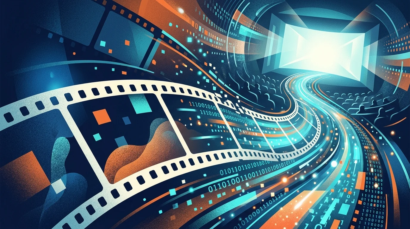 A conceptual graphic of film strips and digital waves.