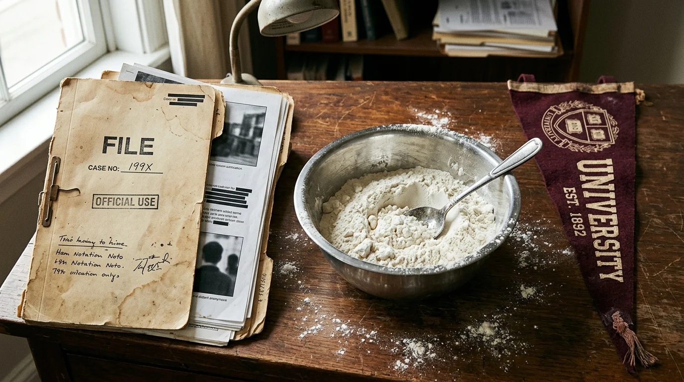 A conceptual artistic representation of forensic files, baking, and university life.