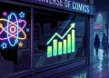 Conceptual illustration of a comic book store with neon atom sign and growth charts