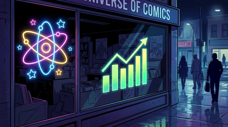 Conceptual illustration of a comic book store with neon atom sign and growth charts
