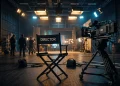 A professional film set environment with a director's chair and camera equipment.