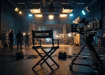 A professional film set environment with a director's chair and camera equipment.