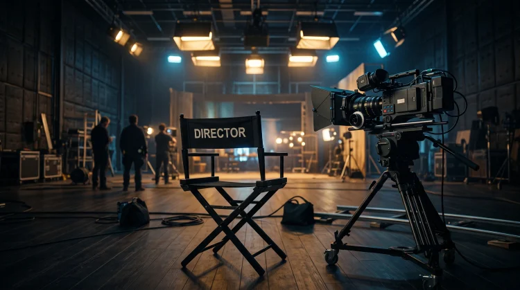 A professional film set environment with a director's chair and camera equipment.