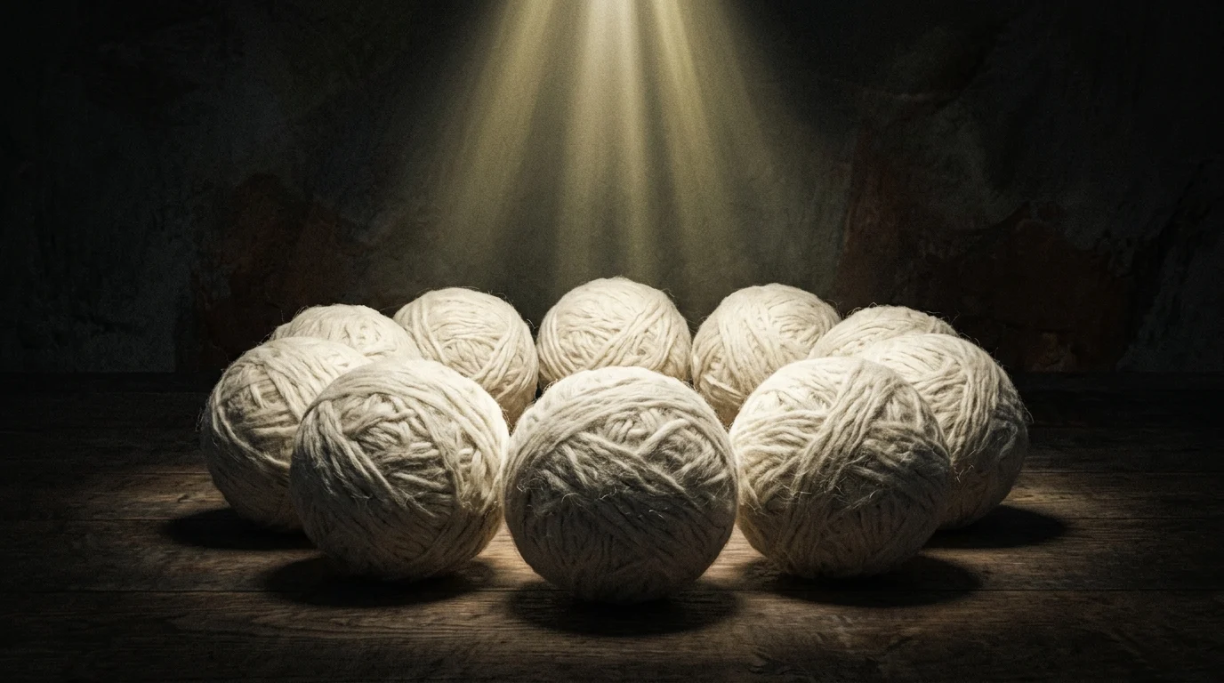 Abstract wool spheres gathered in a circle on a dark background.