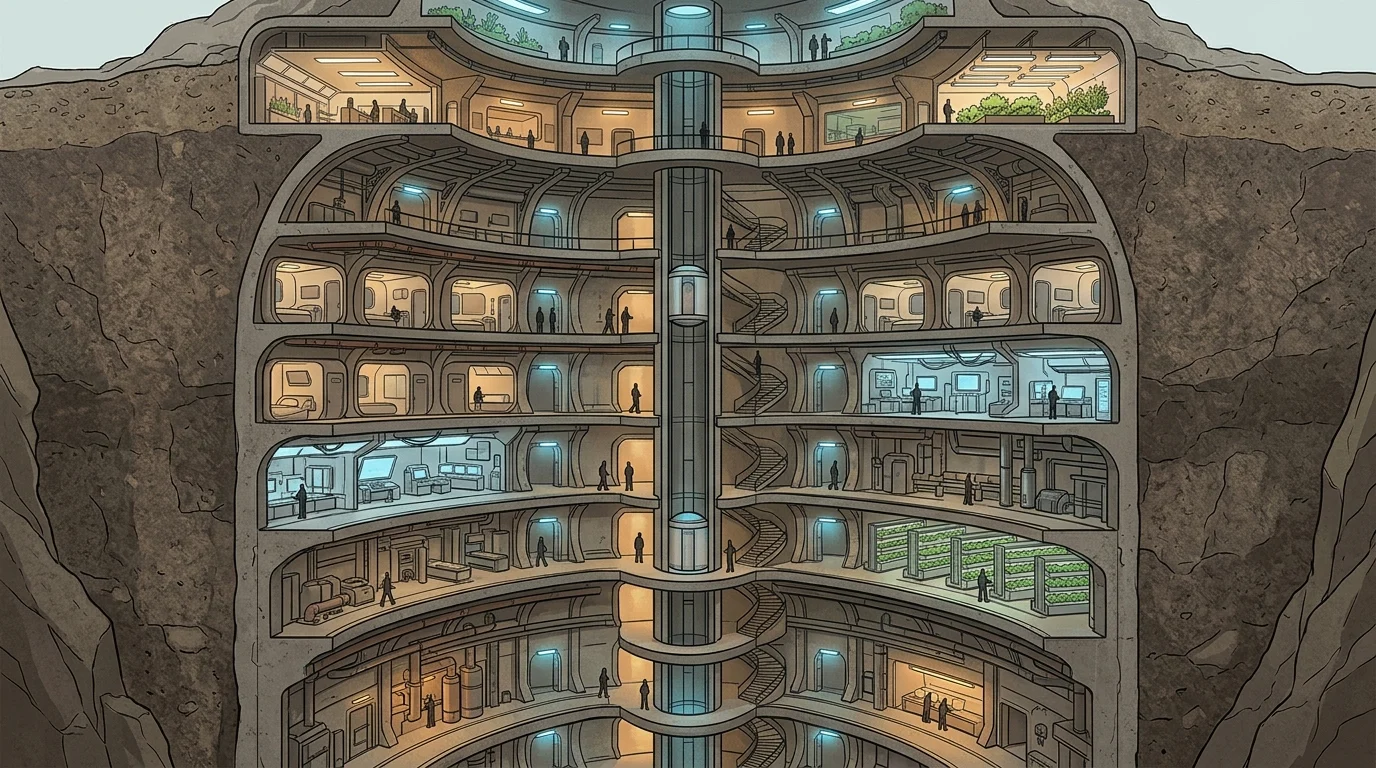 A stylized architectural cross-section of a deep underground structure.