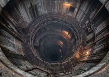 A conceptual depiction of a deep underground concrete shaft.