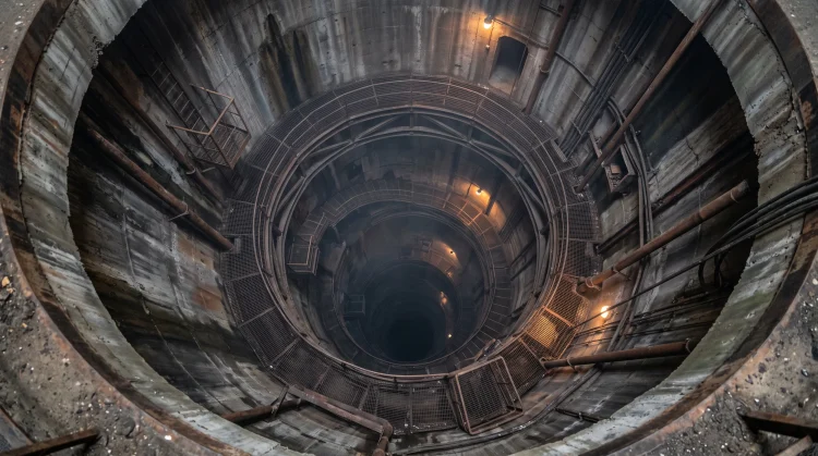 A conceptual depiction of a deep underground concrete shaft.