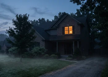 A mysterious suburban house at night with a single light on in an upstairs window.