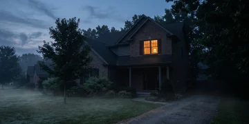 A mysterious suburban house at night with a single light on in an upstairs window.