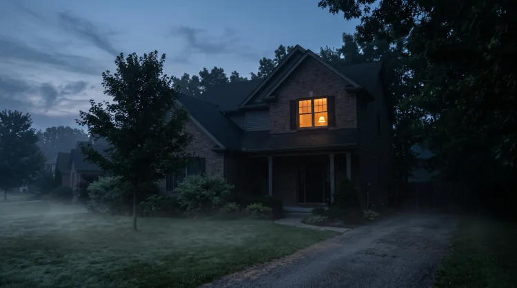 A mysterious suburban house at night with a single light on in an upstairs window.
