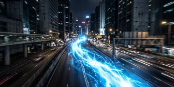 A conceptual blue streak of light racing through a dark city street representing superhero speed.