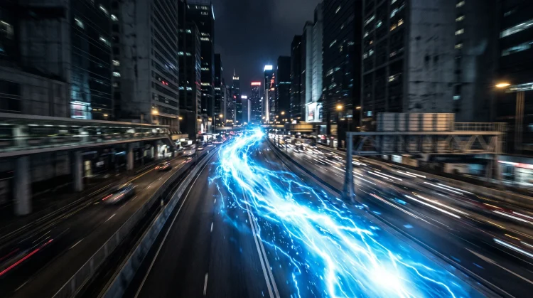 A conceptual blue streak of light racing through a dark city street representing superhero speed.
