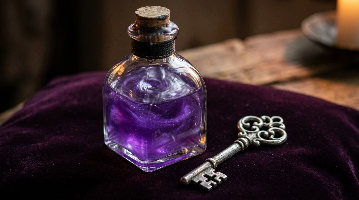 A glass bottle with purple liquid and a silver key.