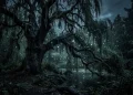 A mystical willow tree at night with glowing embers.