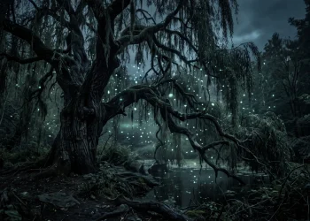 A mystical willow tree at night with glowing embers.