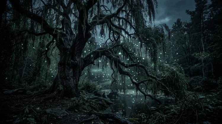 A mystical willow tree at night with glowing embers.