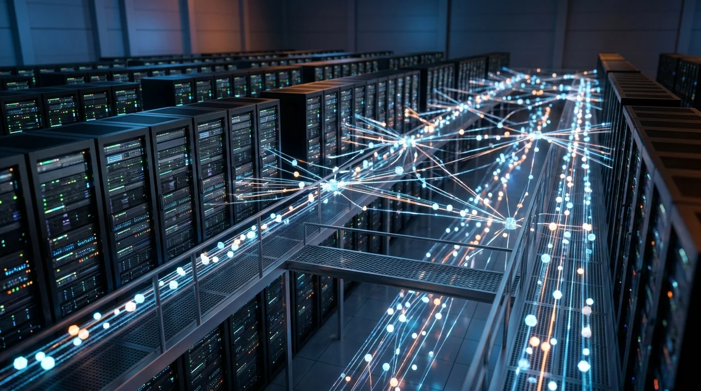 Abstract representation of a digital supply chain showing interconnected server nodes.