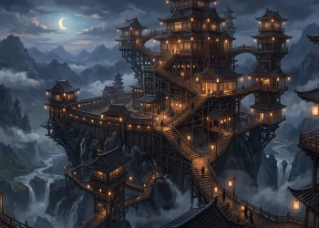 Conceptual art of a surreal shifting Japanese castle with glowing lanterns and wooden corridors.