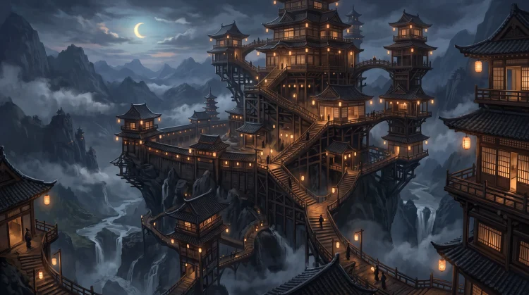Conceptual art of a surreal shifting Japanese castle with glowing lanterns and wooden corridors.