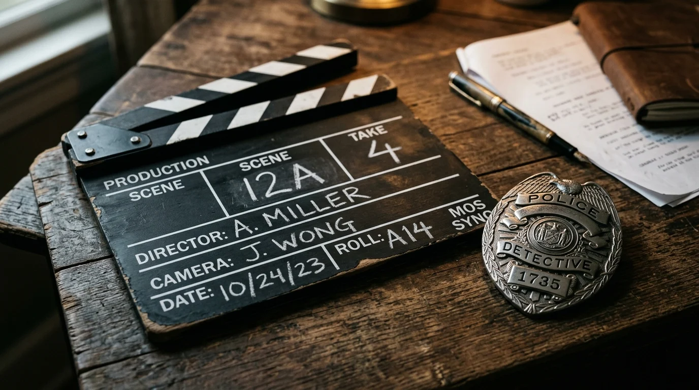 A film slate and police badge symbolizing a directed milestone episode.