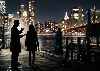 Silhouetted figures of two detectives standing against a New York City night skyline.
