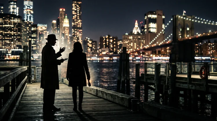 Silhouetted figures of two detectives standing against a New York City night skyline.