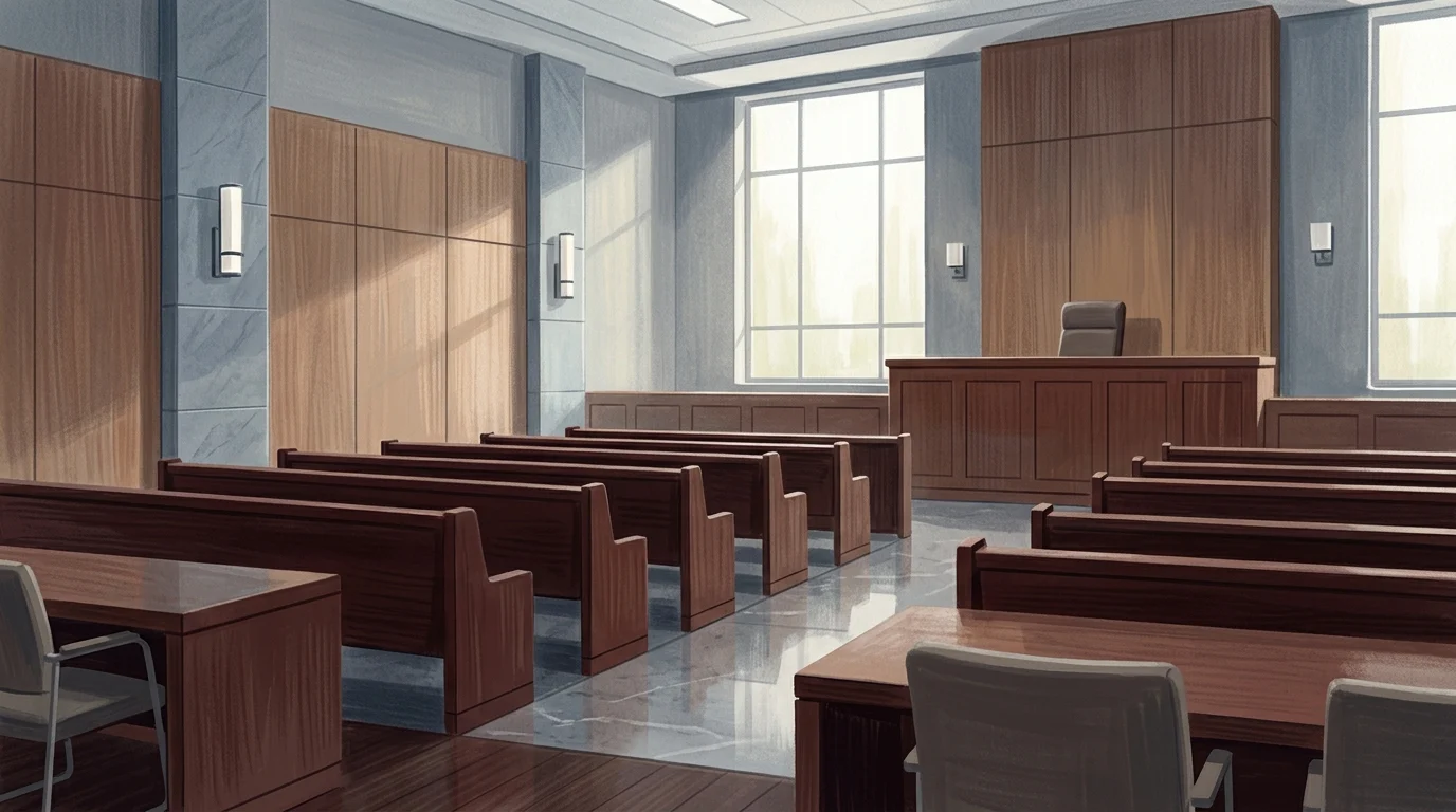 A conceptual view of an empty metropolitan courtroom.