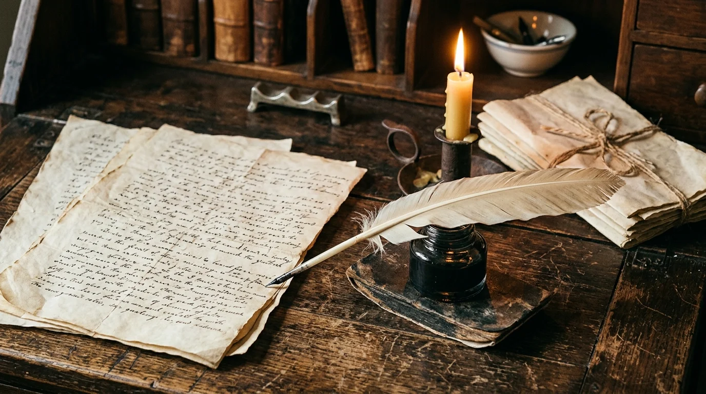 A vintage quill and parchment paper on a dark wooden desk representing script writing.