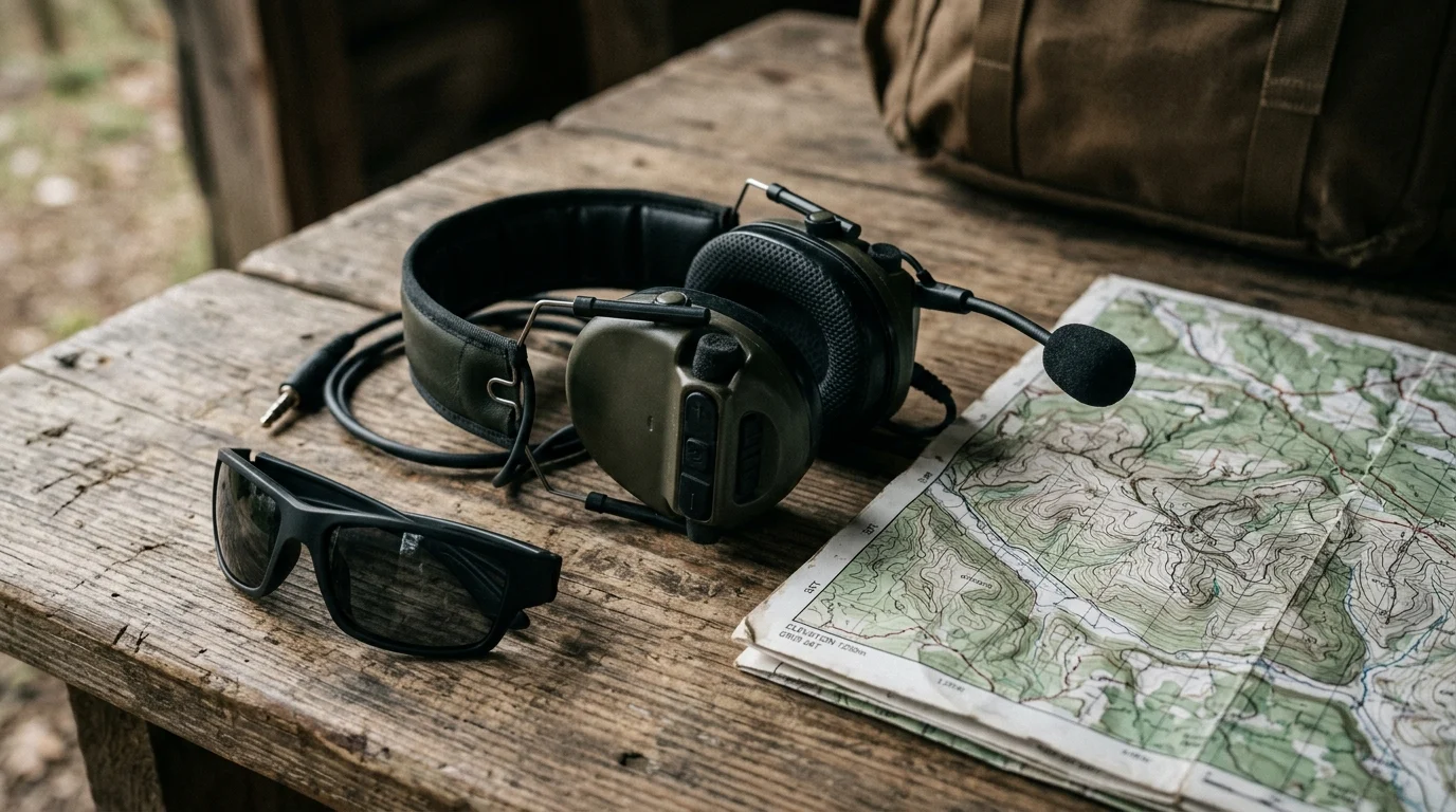 A communication headset and a map used for intelligence operations.