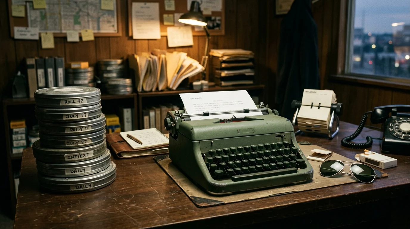 Vintage typewriter and film canisters on a desk.