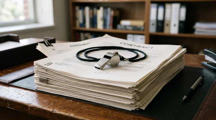 A whistle and legal documents representing the intersection of sports and business.