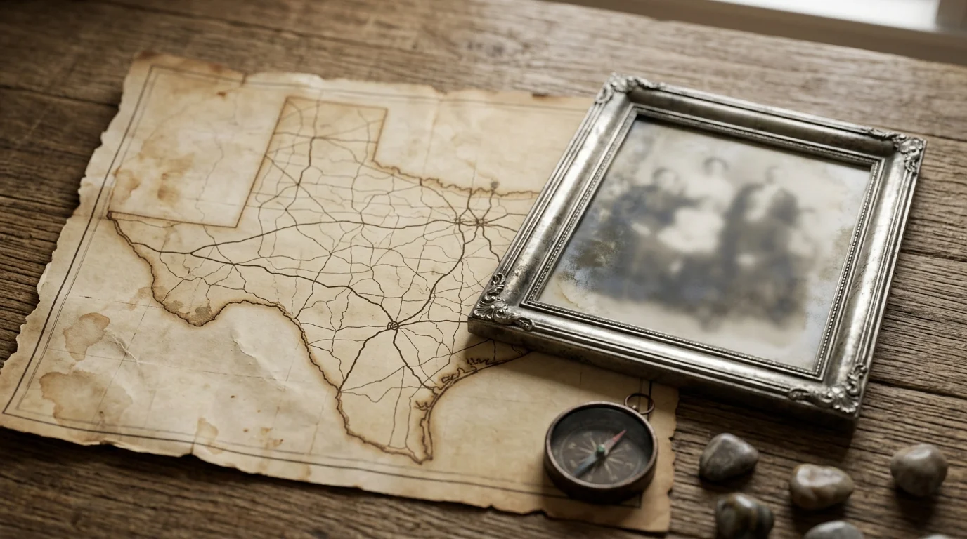 A map of Texas and a vintage photo frame on a table.
