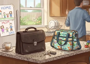 A conceptual illustration of a briefcase and a diaper bag on a kitchen counter.