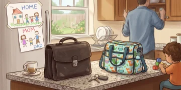 A conceptual illustration of a briefcase and a diaper bag on a kitchen counter.