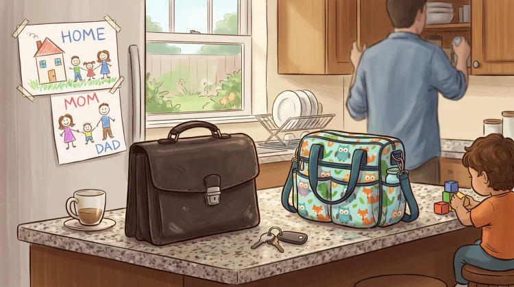 A conceptual illustration of a briefcase and a diaper bag on a kitchen counter.
