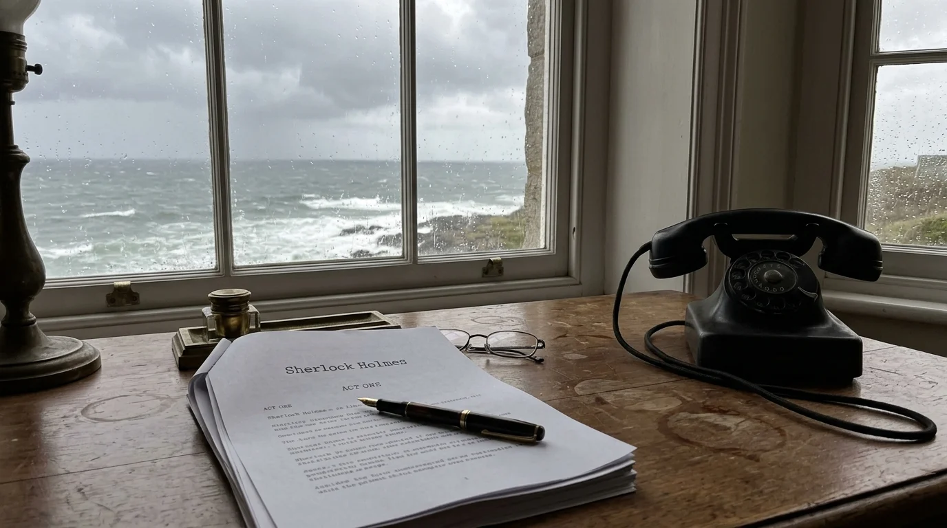 A vintage desk with a script and telephone overlooking a stormy ocean.