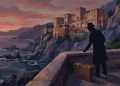 A conceptual mid-century mystery setting on a coastal cliff.