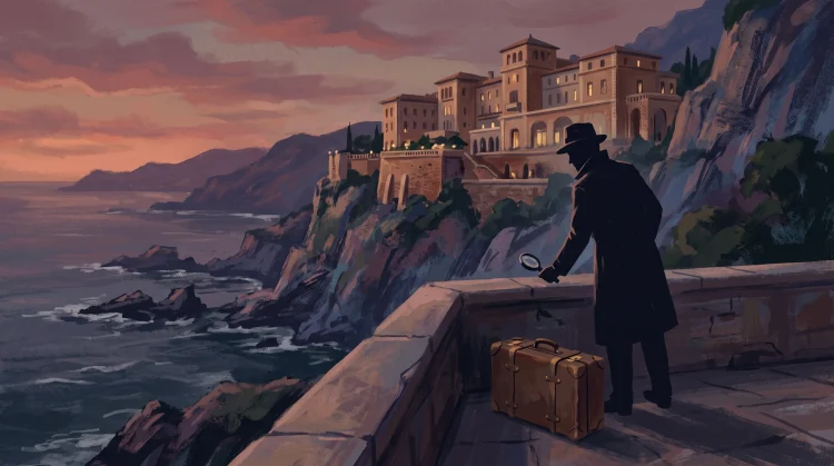 A conceptual mid-century mystery setting on a coastal cliff.