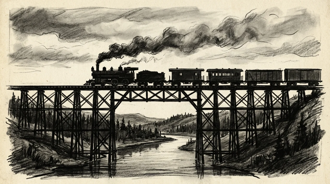 A charcoal-style silhouette of a vintage train on a bridge.