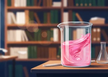 Conceptual illustration of a pink liquid beaker representing a romantic science theme.