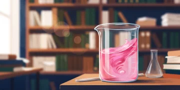 Conceptual illustration of a pink liquid beaker representing a romantic science theme.