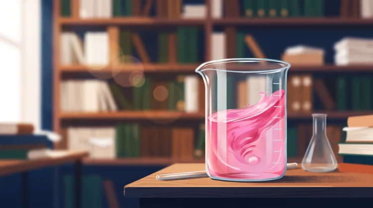 Conceptual illustration of a pink liquid beaker representing a romantic science theme.