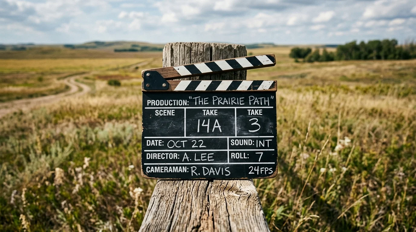 A conceptual film slate on a ranch fence.