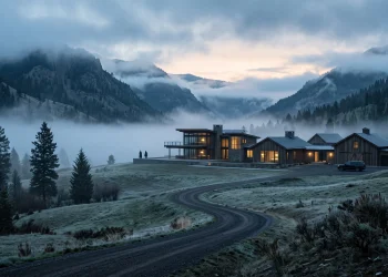 A modern luxury ranch in a misty valley at dawn.