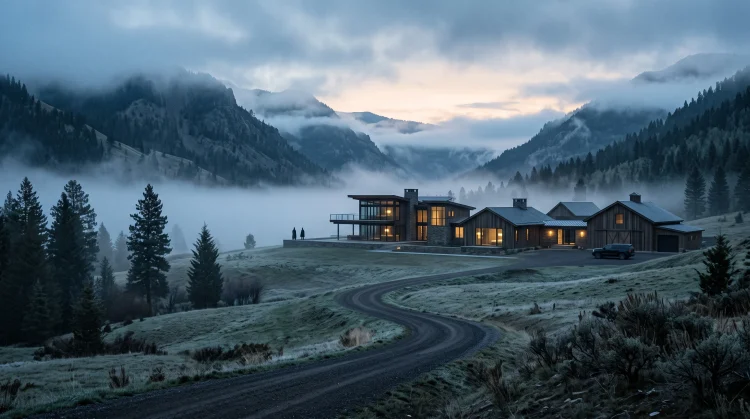 A modern luxury ranch in a misty valley at dawn.